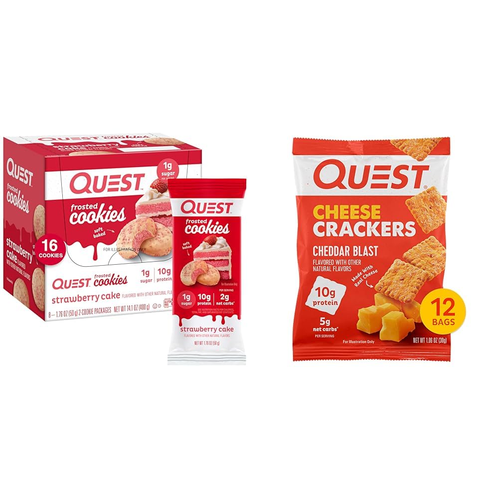 Quest Nutrition Frosted Cookies Twin Pack, Strawberry Cake, 1g Sugar, 10g Protein, 2g Net Carbs & Cheese Crackers, Cheddar Blast, High Protein, Low Carb, Real Cheese, 12 Ct로 만든