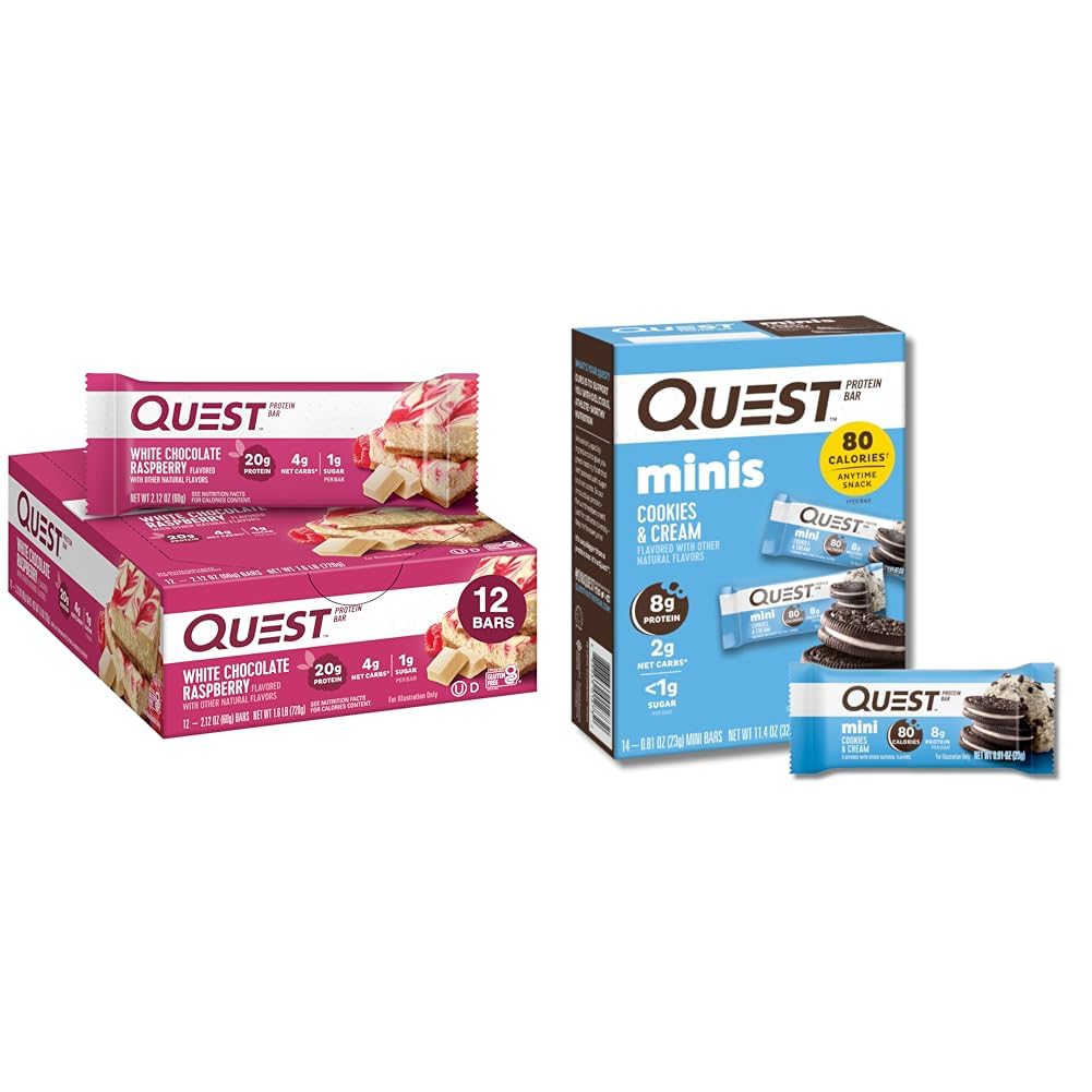 Quest Protein Bar 번들 - 화이트 초콜릿 라즈베리 12 개 & 쿠키 'N 크림 미니 14 개