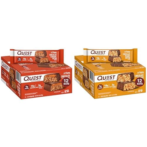 Quest Hero Protein Bar, Crispy Chocolate Caramel Pecan 및 초콜릿 땅콩 버터, 15-18g Protein, 1g Sugar, 12 개