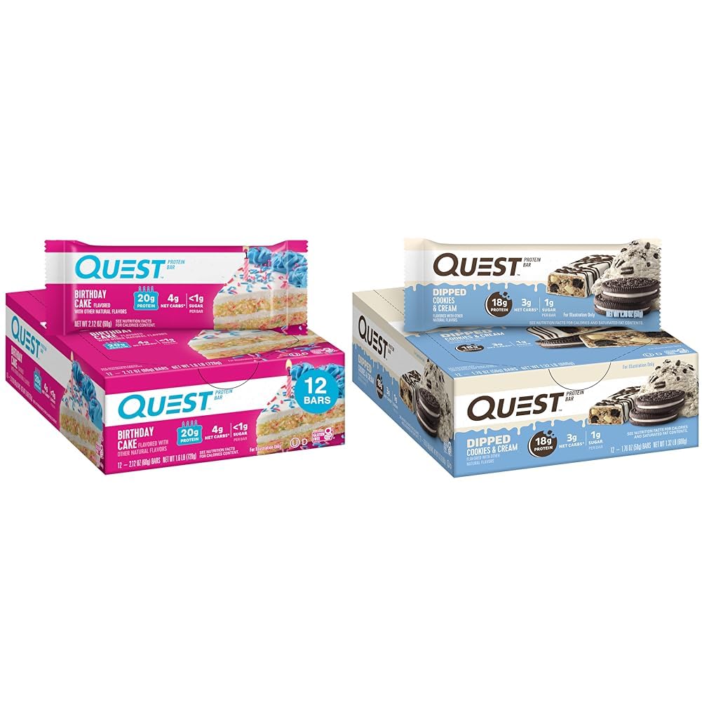 Quest Birthday Cake & Cookies & Cream Dipped Protein Bar, 고단백, 글루텐 무료, 케토 친절, 각 12 개