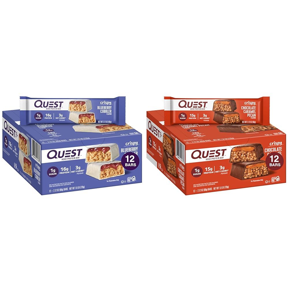 Quest Nutrition Crispy Blueberry Cobbler & Chocolate Caramel Pecan Hero Protein Bar, 16g & 15g Protein, 1g Sugar, 3g Net Carb, Gluten Free, Keto Friendly, 12 카운트 번들