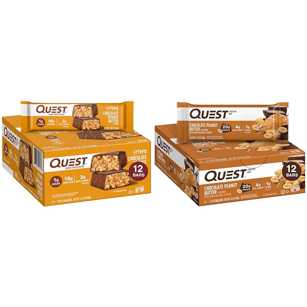 Quest Nutrition Crispy Chocolate Peanut Butter Hero Protein Bar, 18g Protein & Chocolate Peanut Butter Bar, High Protein, Low Carb, Gluten Free, Keto Friendly, 12 카운트