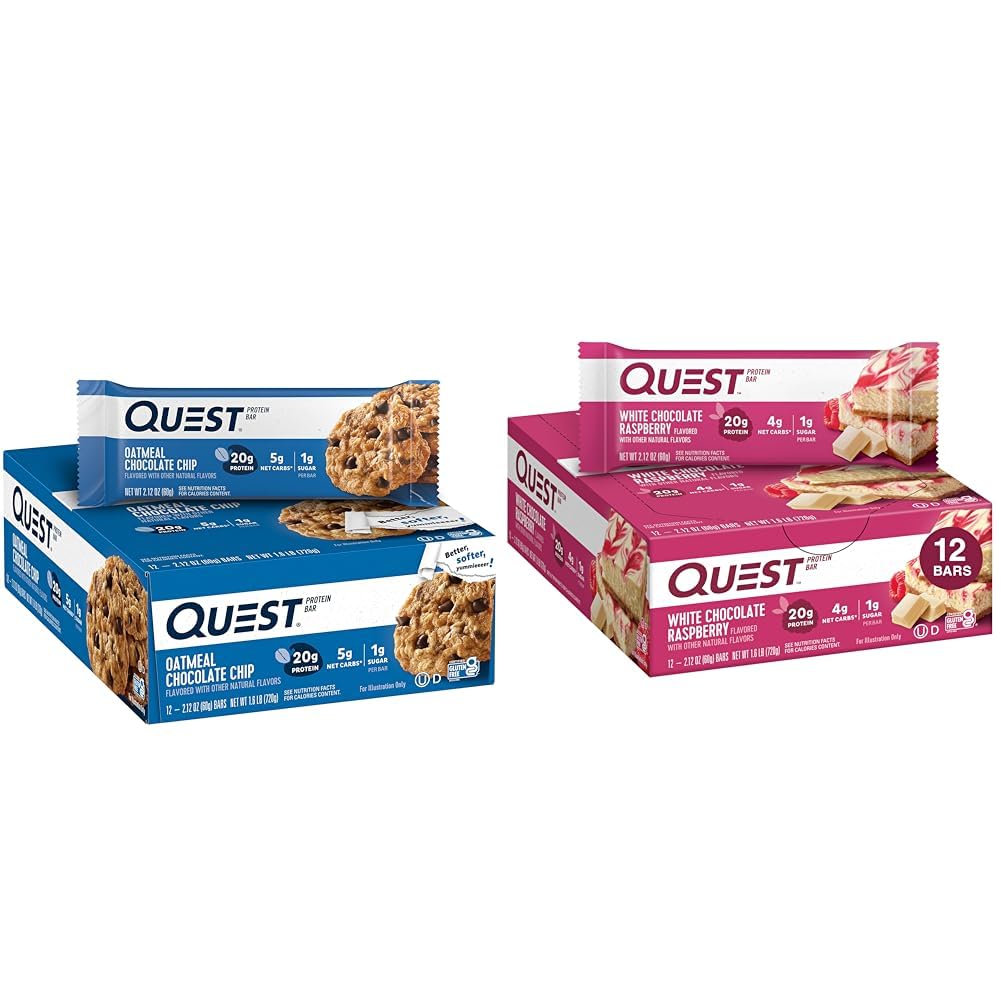Quest Nutrition Oatmeal Chocolate Chip Protein Bar, High Protein, Low Carb, Gluten Free & White Chocolate Raspberry Protein Bar, High Protein, Low Carb, 글루텐 무료