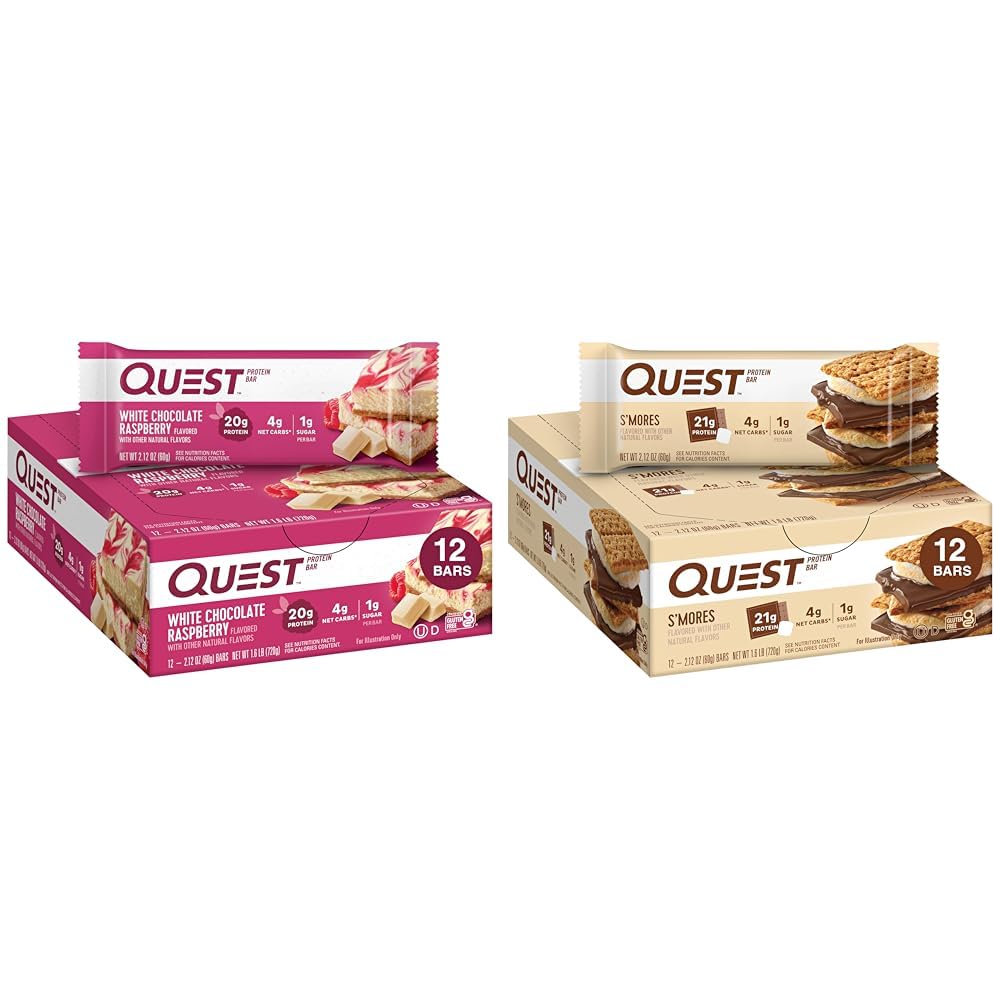 Quest Nutrition White Chocolate Raspberry Protein Bar, High Protein, Low Carb, Gluten Free, Keto Friendly, 12 Count & S'more Protein Bar, High Protein, Low Carb, Gluten Free, Keto Friendly, 12 Count