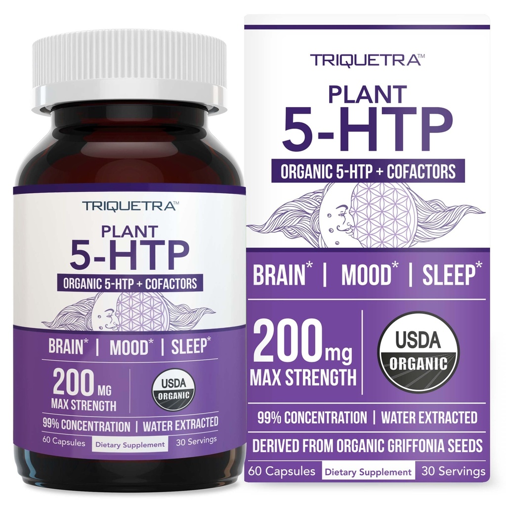 유기 5-HTP - 200 mg | 99% 5HTP 농축물, 플러스 코 팩터 비타민 B6 & 사자의 만 | 유기 Griffonia 씨앗에서 추출 된 물 | 무드, Cognition & Sleep (60 캡슐 | 30 장)
