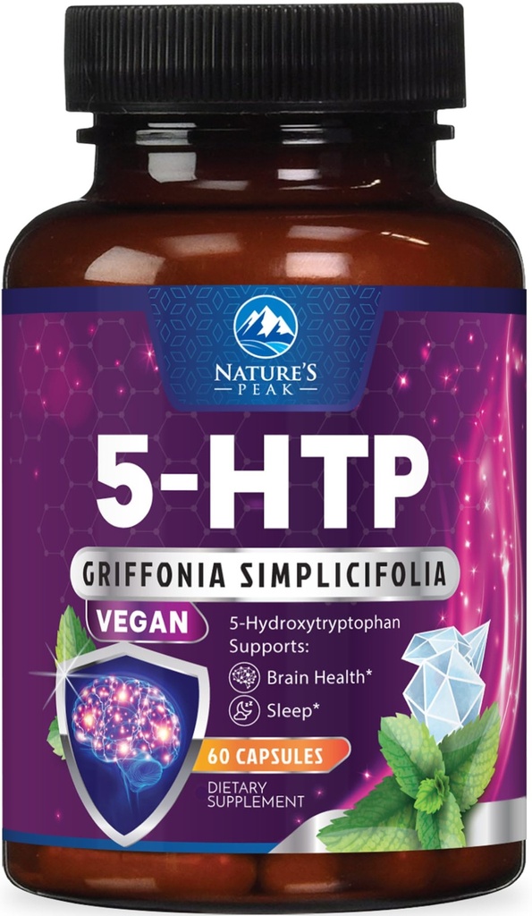 5-HTP 보충 - 5-HTP 200mg 서빙 당 - 추가 강도 5HTP (5- Hydroxytryptophan) Griffonia Simplicifolia - 재완성 수면, 자연적인 Calm & 두뇌 건강 지원 - 미국에서 병 - 60 캡슐