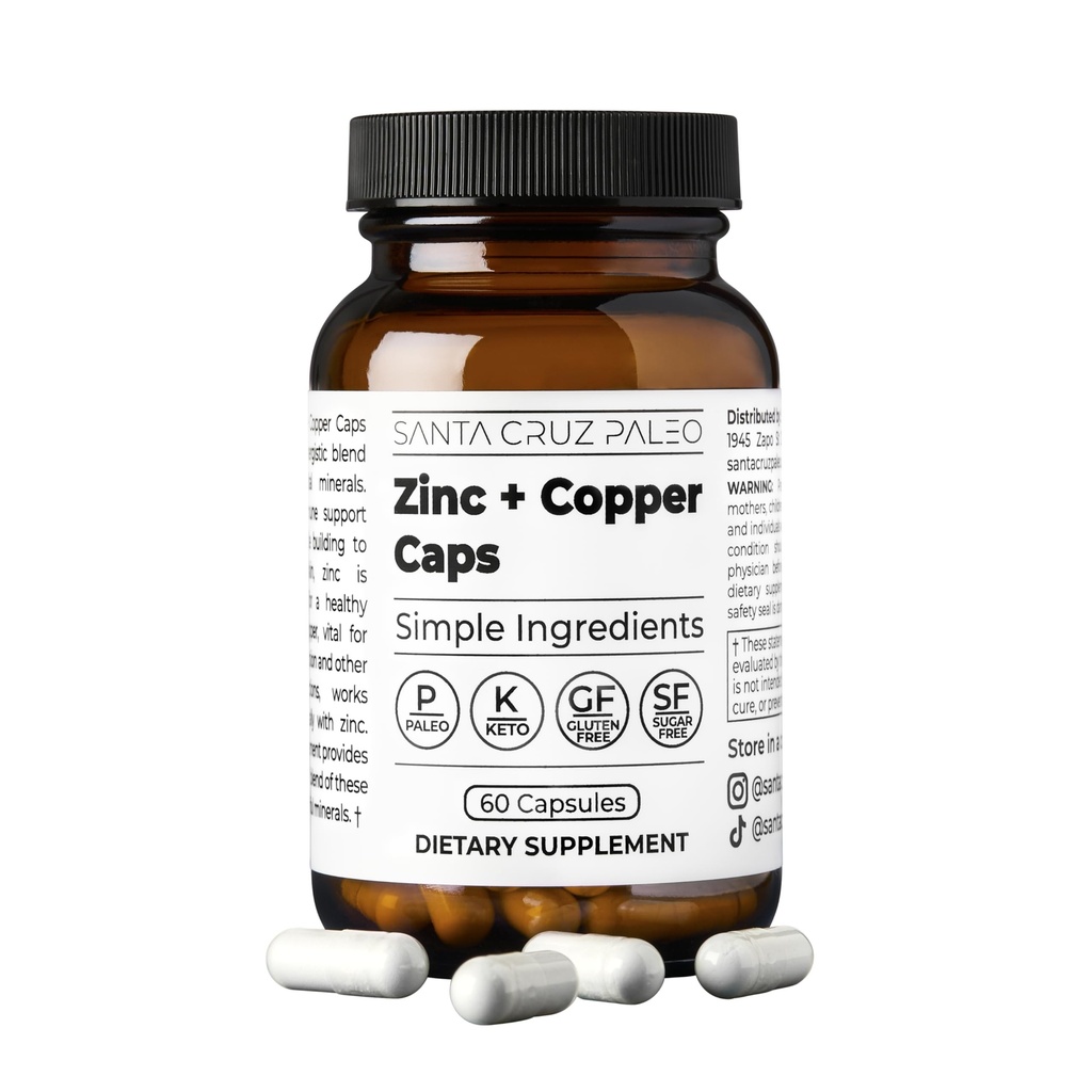 Santa Cruz Paleo, 아연 및 구리 광물 보충교재, 높은 흡수 공식, 피부 & 머리, L Methionine, 구리 Gluconate, 추적 무기물, 글루텐 자유로운, Keto, Paleo, 60의 캡슐을 위한 아연 보충교재
