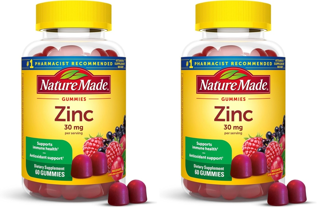Nature Made 아연은 서빙 당 30 mg, 면역력 및 산화 방지제 지원, 60 아연 Gummies, 30 일 공급, (팩 2)