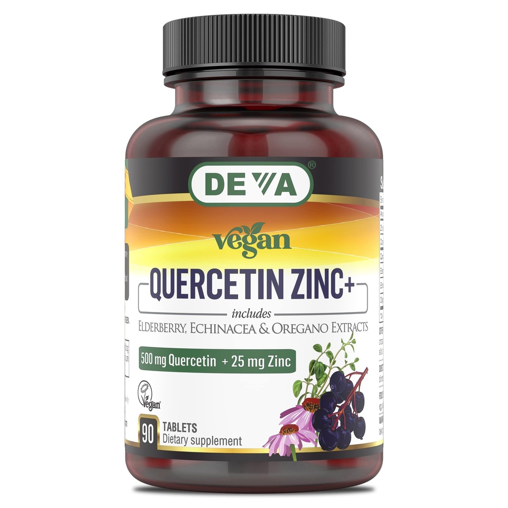 DEVA Vegan Quercetin 500mg Plus 25mg 아연 Elderberry, Echinacea 및 Oregano 추출물 - 동물 성분 없음 - 90 정제, 1 팩