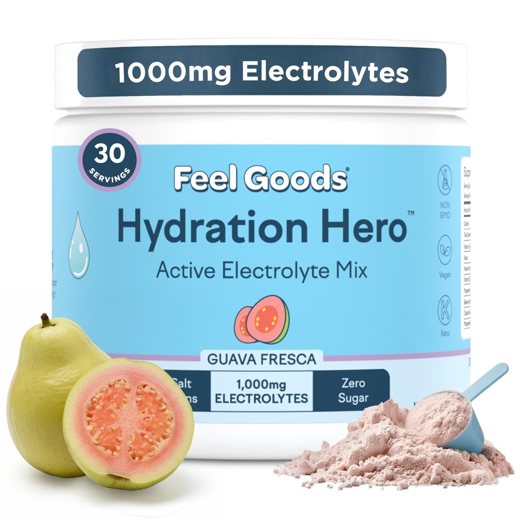 기분 좋은 해소 영웅, 1,000mg 전해질 분말, 설탕 무료, 마그네슘, 유기 알로에 Vera, 유기 알로에, L Theanine, 비타민 C & B12, 비 GMO, Keto, Vegan | 과바 Fresca, 30 서빙