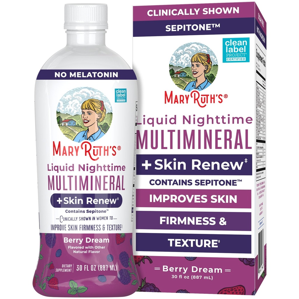 MaryRuth's Liquid Nighttime Liquid Multimineral + Skin Renew | 여성들의 임상 쇼는 미세 주름 및 피부 펌웨어 개선 | Sepitone | NO Melatonin | 마그네슘 | Vegan | 30 인분