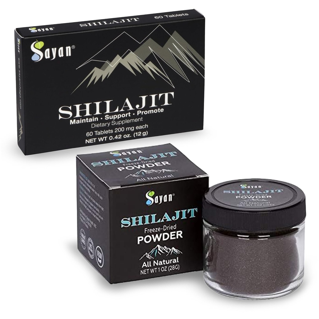Sayan Shilajit 순수한 유기 검정 수지 추적 무기물 정제 & 순수한 유기 Shilajit 추출물 동결 건조 분말 뭉치 - 면역 지원, 해독, 에너지 부스트 (1 달 공급)