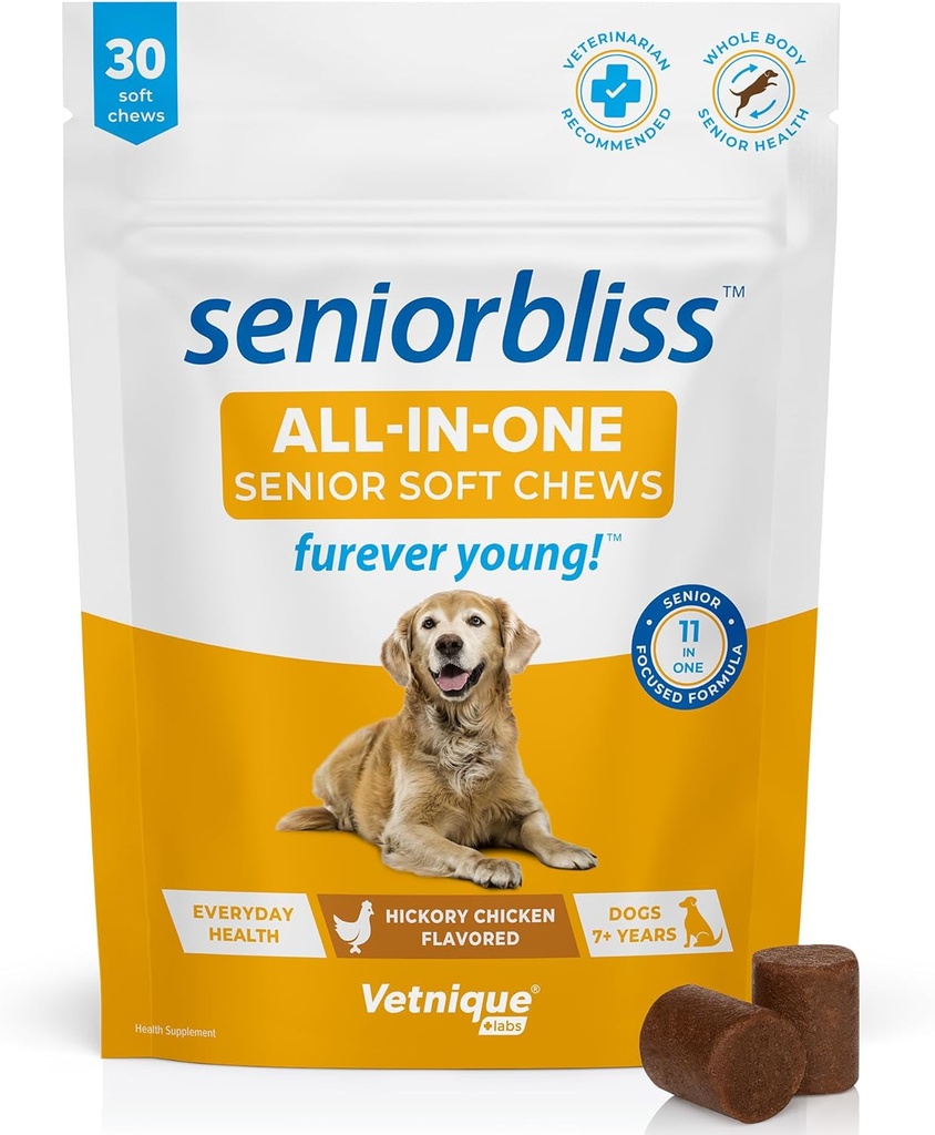 Glucosamine, Omega 3 Fish Oil 및 Probiotics가있는 Vetnique Seniorbliss 수석 개 Multivitamin - 개 관절, 소화 및 면역 지원 (모든 일 비타민, 30 Ct)