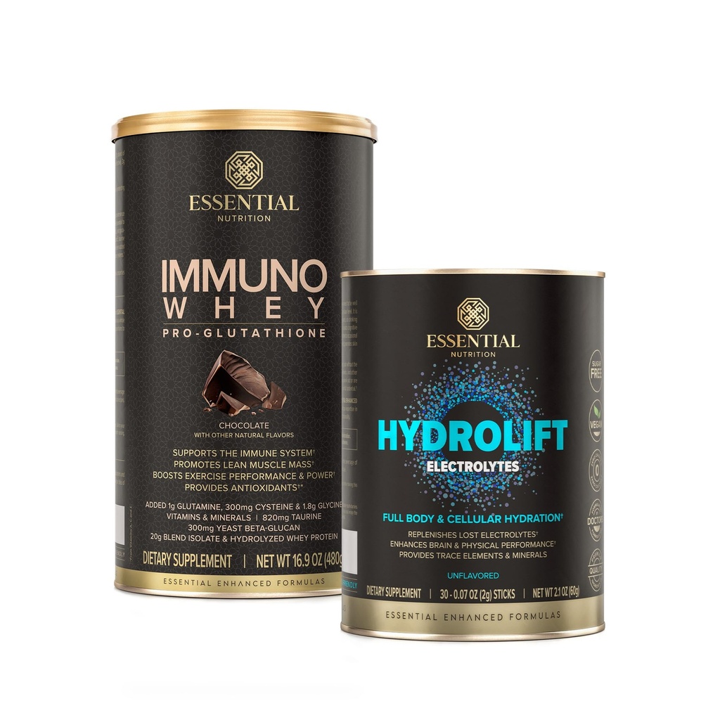 필수 영양 Hydrolift Electrolytes + Immuno Whey Chocolate - Trace Minerals 및 Glutathione-Support Protein Formula와 강력한 Hydration - Keto Friendly, Sugar Free