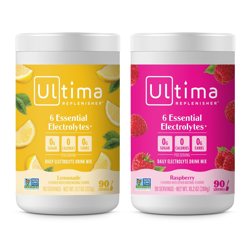 Ultima Replenisher Electrolyte Powder Drink Mix Bundle - Sugar Free - Lemonade 및 Raspberry, 90 서빙 - Hydration Powder - 6 Key Electrolytes 및 Trace Minerals - Keto Friendly, Non-GMO