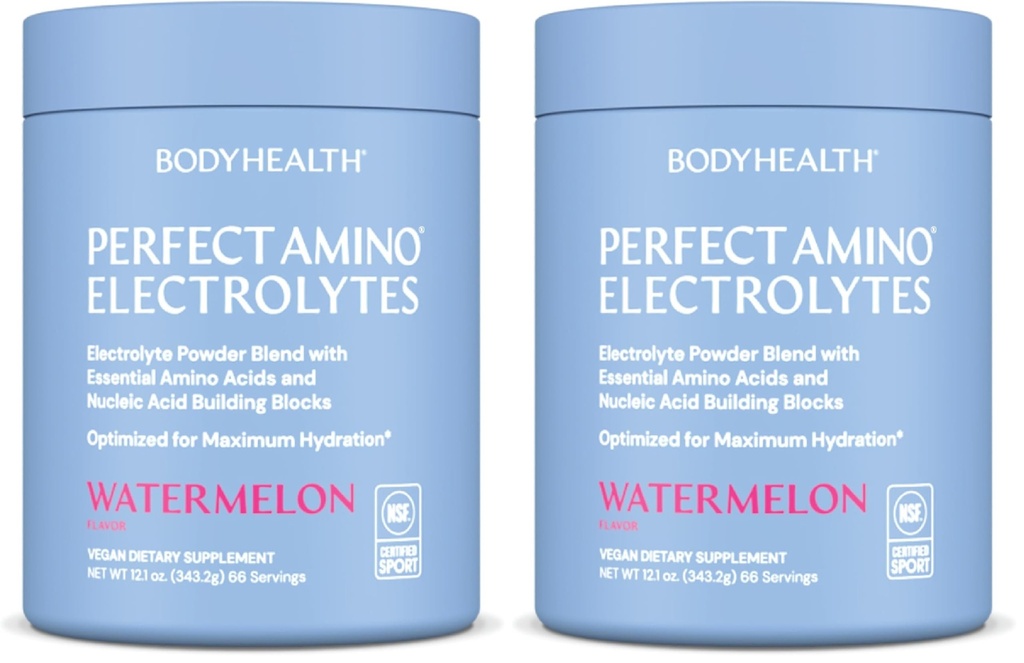 BodyHealth PerfectAmino Electrolytes Powder No Sugar, Hydration Fasting Keto Zero Sugar Electrolytes Drink Mix with Trace Minerals - 스포츠 인증 된 NSF - 수박 - 66 서빙 (팩 2)