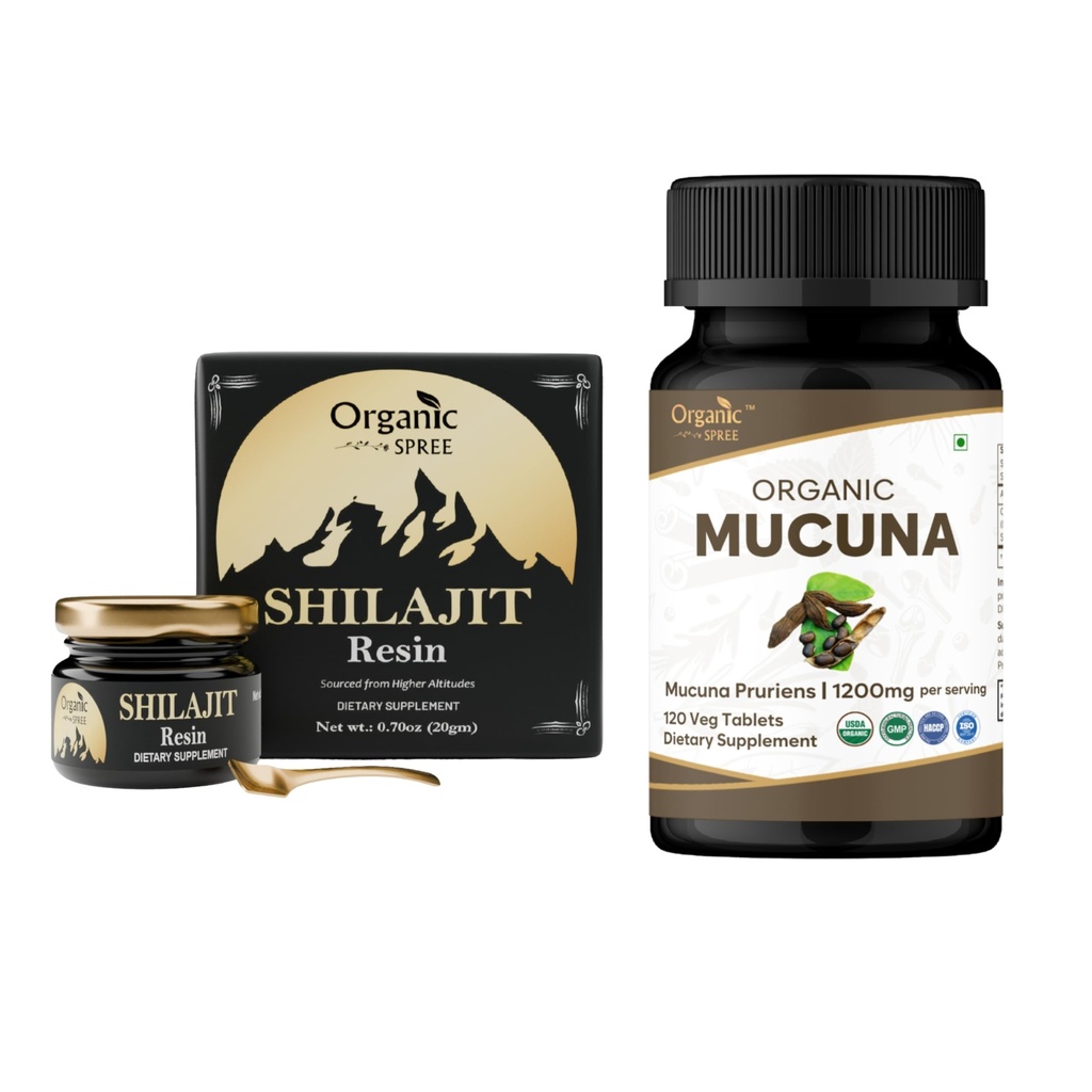 ORGANIC SPREE 순수한 Himalayan Shilajit 수지 & Mucuna 보충교재 – 20g & 120의 정제 – 85+ 추적 무기물 Fulvic 산 수지 & USDA 유기 Mucuna Pruriens