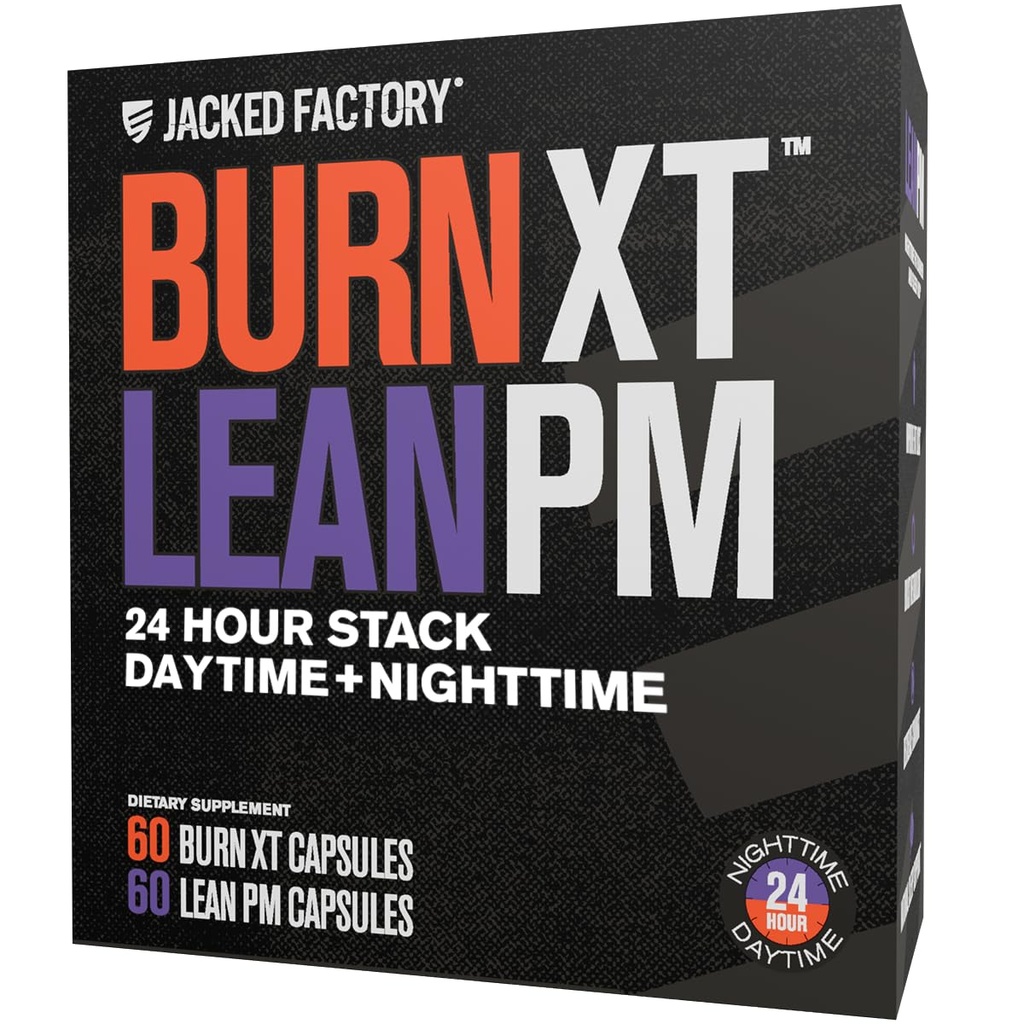 Jacked Factory Burn-XT + Lean-PM Kit – 24시간 바디 구성 및 메타볼리즘 지원 스택 – Day & Night Formula – 60 카운트, 2 팩