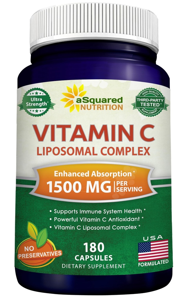 aSquared 영양 비타민 C Liposomal Complex - 1500mg 보충교재 - 180의 캡슐 - 높은 흡수 VIT C 아스코르브산 알약 - Immune 체계 & 교원질 건강 - 90의 서빙을 지원합니다