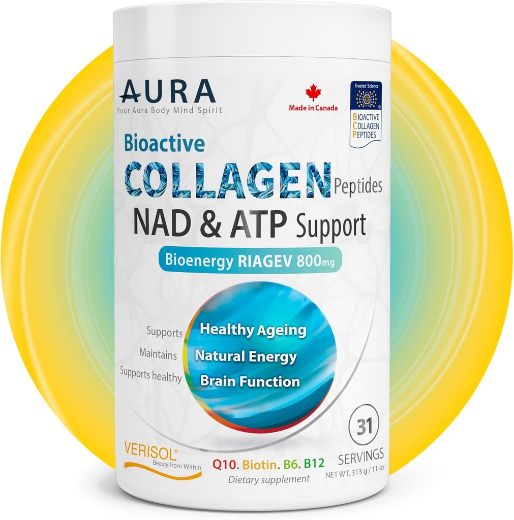AURA VERISOL® Bioactive Collagen Peptides® Powder는 특허 받은 NAD+ & ATP Boosters, Advanced Cellular Rejuvenation System, Healthy Aging & DNA Repair, Unflavored, 캐나다, 31 서빙으로 제작되었습니다.