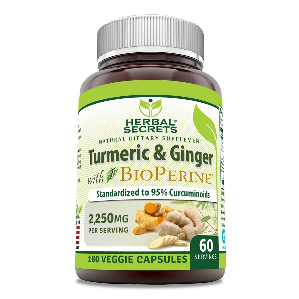 허브 Secrets Turmeric Curcumin & Ginger와 BioPerine 보충 | 2,250 Mg Per 서빙 | 180 캡슐 | Non-GMO | 글루텐 프리 | 미국