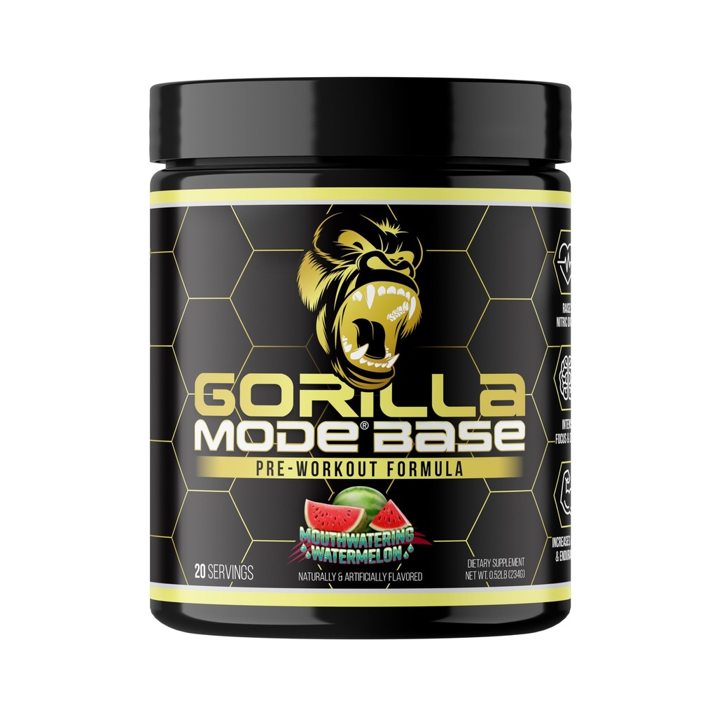 Gorilla Mode Base Pre Workout - Nitric Oxide · Intense Focus & Drive · Endurance · Power - L-Citrulline, L-Tyrosine, Betaine, Alpha-GPC, Caffeine, Huperzine A - 234g (Mouthwatering Watermelon)을 올리십시오.