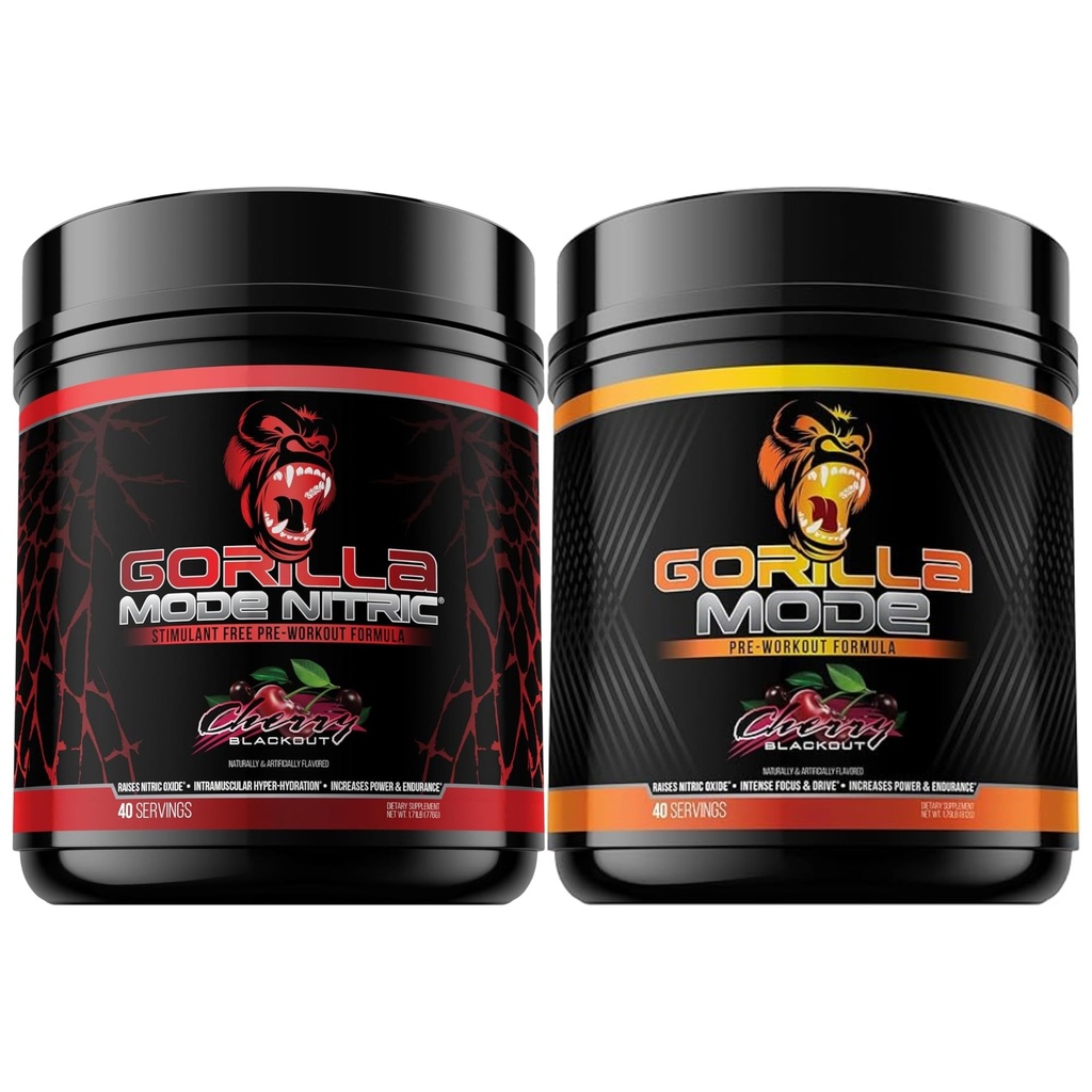 Gorilla Mode Pre Workout & Gorilla Mode Nitric Upgraded Stimulant - 최고의 Tasting & 가장 효과적인 Stimulant Free Pre-Workout | 대규모 펌프 | 레이저 초점 에너지 (Cherry Blackout)