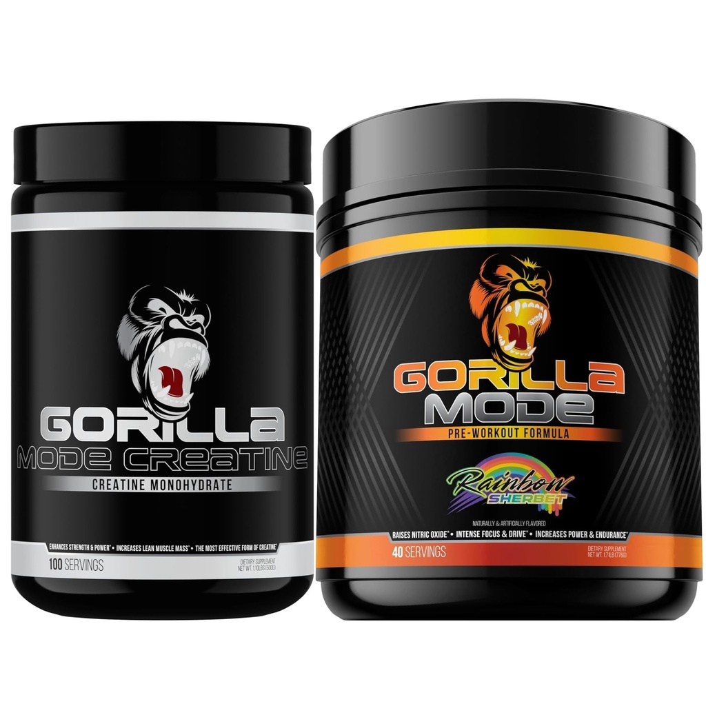 Gorilla Mode Creatine Monohydrate Micronized Powder & Pre Workout (Rainbow Sherbert) - 대규모 펌프 | 레이저 초점 에너지 | 향상된 근육 크기 | 출력 및 힘