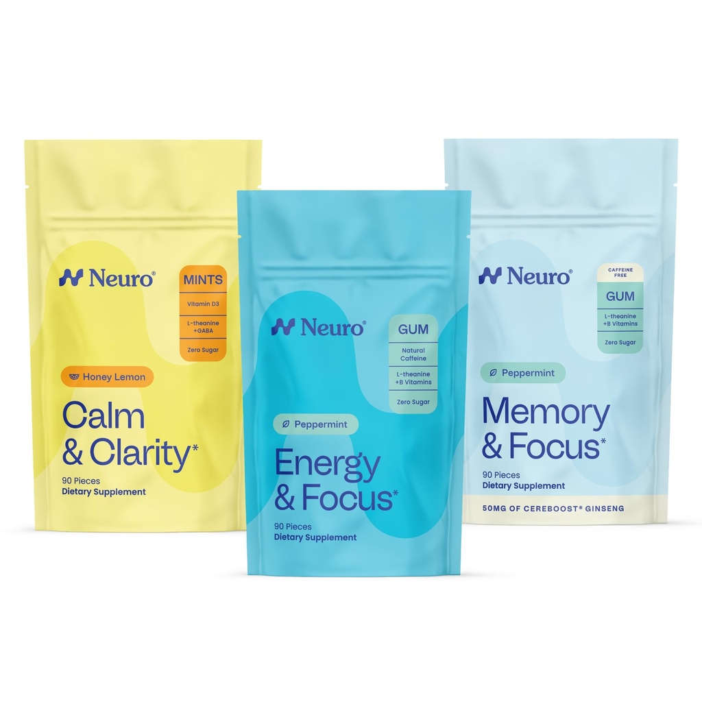 신경인지 균형 번들 - 기억 & 초점 Nootropic Gum (Peppermint, 90 조사), 수면 & 재충전 Melatonin Mints (베리, 72 조사), Calm & Clarity 스트레스 지원 Mints (Honey Lemon, 90 조사)