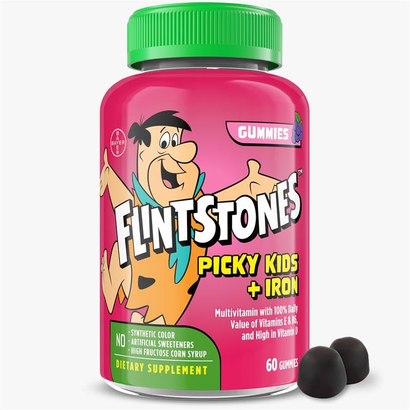 Picky Kids + Iron, 비타민 C, D, E, B6 및 Iron, Gummy Vitamins, Grape flavored, 60 Gummies를 가진 아이 Multivitamin Gummies