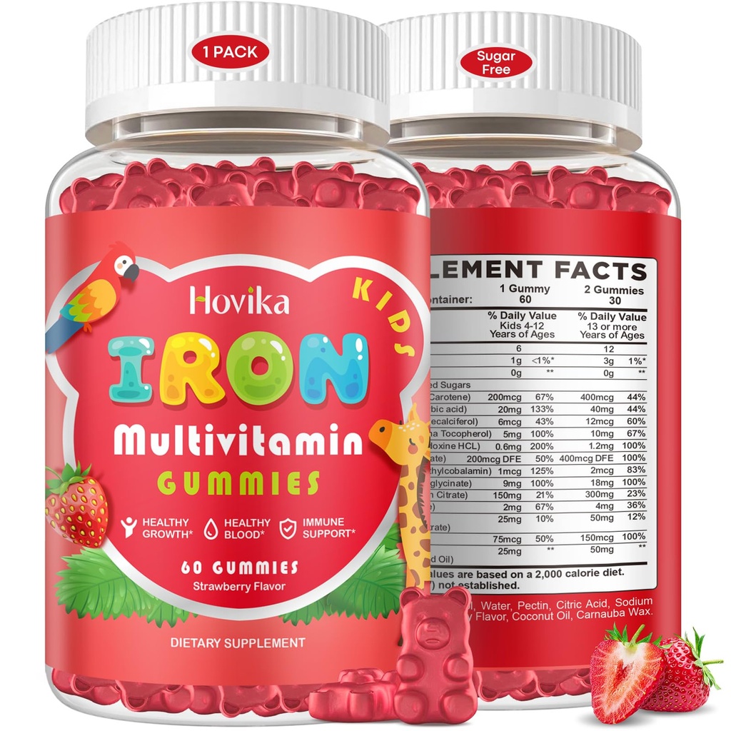 Multivitamin, 칼슘, 아연, Folate를 가진 아이를 위한 철 보충교재 Gummies - 아이 철 Gummies 지원 면역, 혈액 건축업자, 철 결핍, 빈혈 & 에너지 - Vegan, 딸기 60 조사