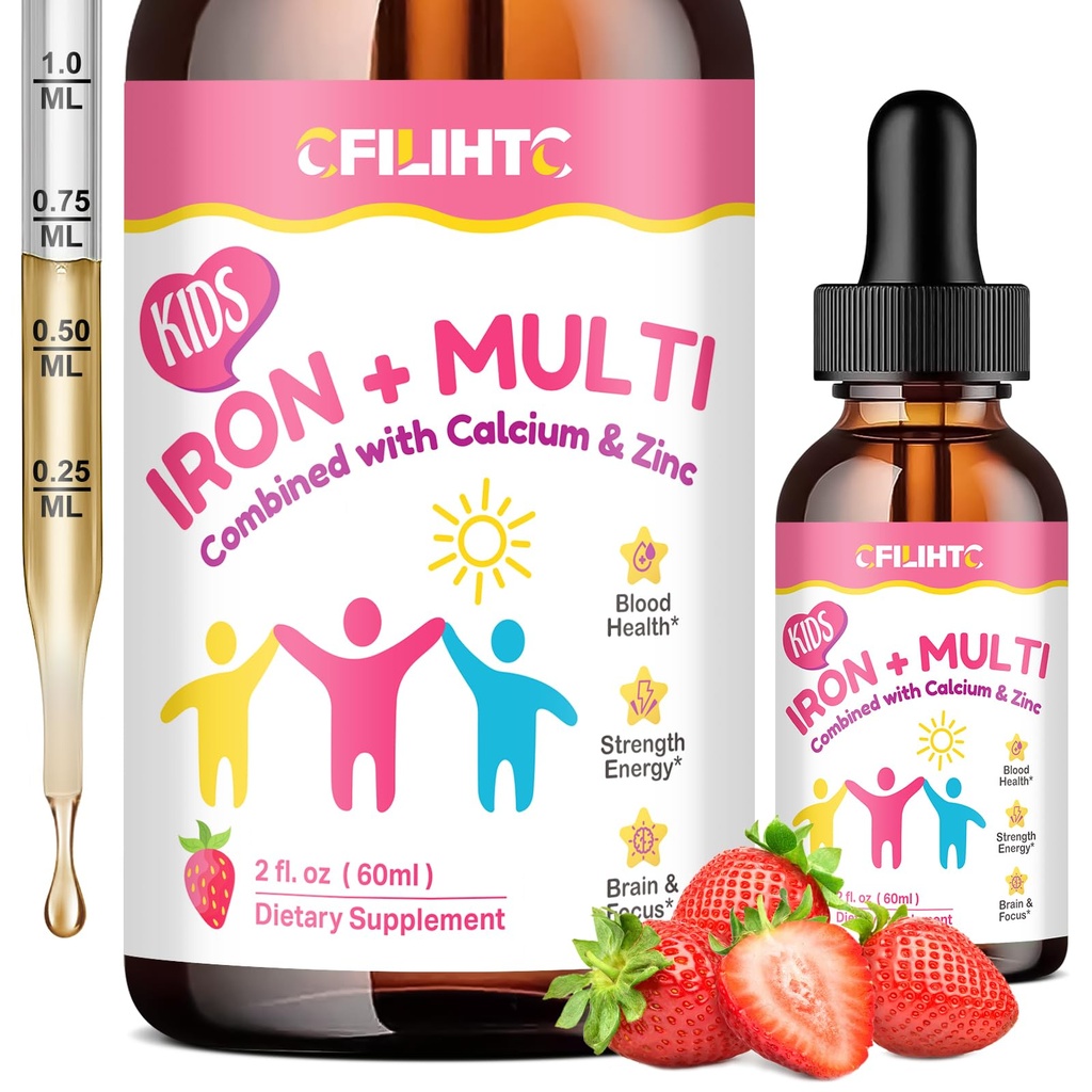 아이를 위한 액체 철 보충교재, 여자 & 남자 - 칼슘과 더불어, 아연, 아이 Multivitamin 철 하락 - Immune 지원, 철 부족, 빈혈, Vegan 2 Fl Oz를 위한 혈액 건축업자 & 에너지 지원
