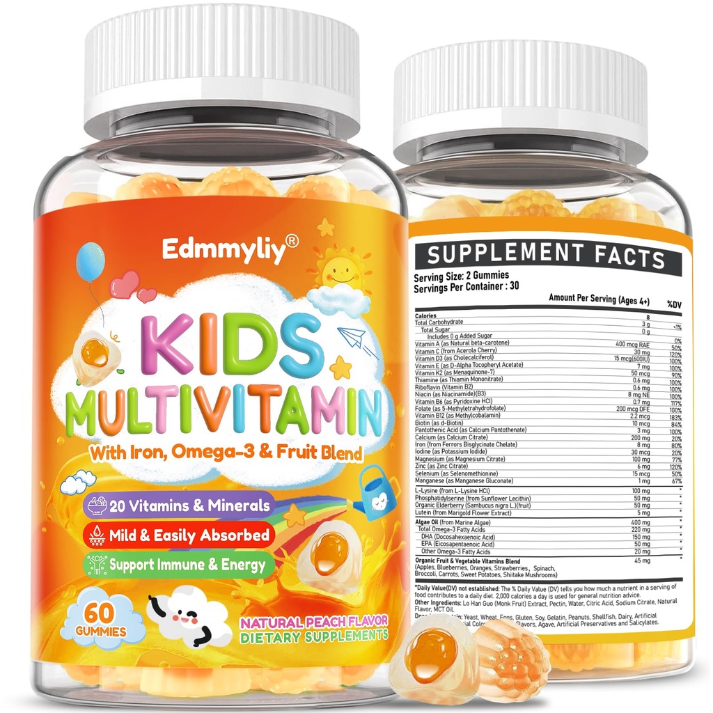 아이 Multivitamin Gummies - 비타민 A D3 K2, Immune & 발달 지원을 위한 Omega-3, 철을 가진 메틸을 입힌 B 복합체 - 아이를 위한 유기 혼합 밴드 풍미 Multivitamins 매일 - 설탕 자유로운 & 채식주의자