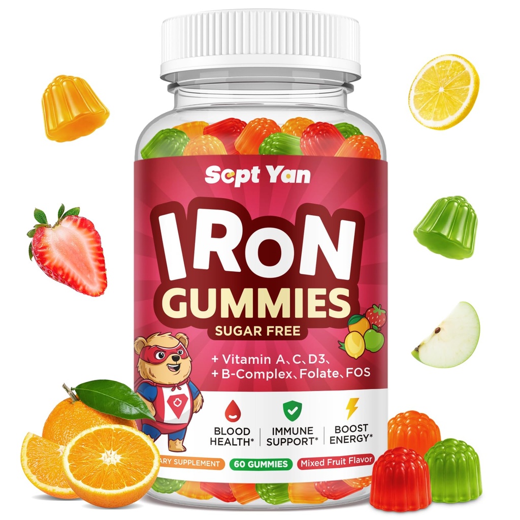 아이를 위한 철 보충교재 Gummies, 아이 철 - 비타민 B Complex, C, D3, 칼슘, Folate, 아연, 혈액 건축업자 & 에너지 지원을 위한 FOS, 철 부족, 채식주의자, 혼합 과일 풍미, 60 ct