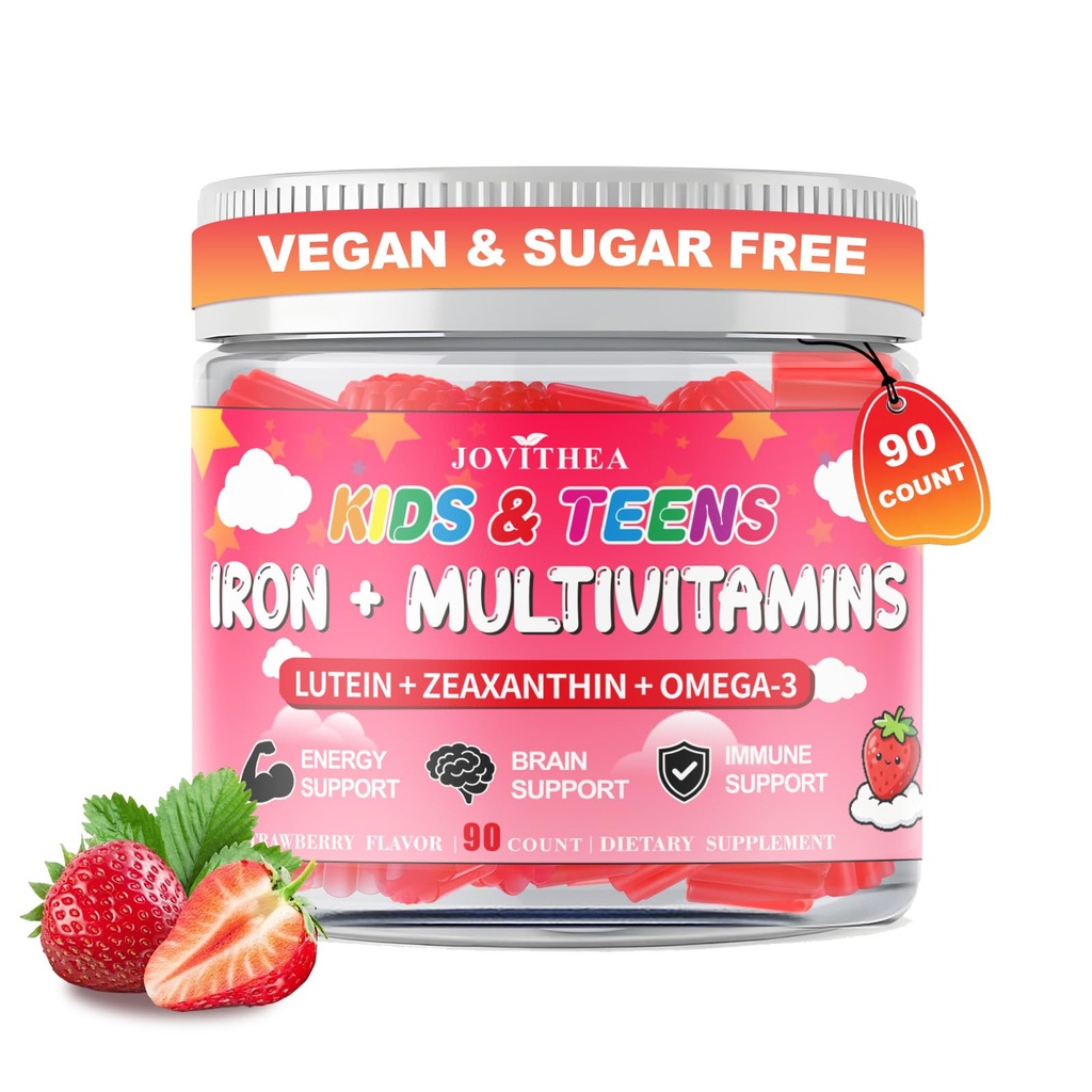 90 조사 | 아이를 위한 철 Gummies, 칼슘을 가진 아이 Multivitamin, 아연, Folate, Omega-3 & Lutein, 지원 에너지, Immnity, 철 결핍, Anemia & 두뇌 건강, Vegan, 설탕 자유로운, 딸기 풍미