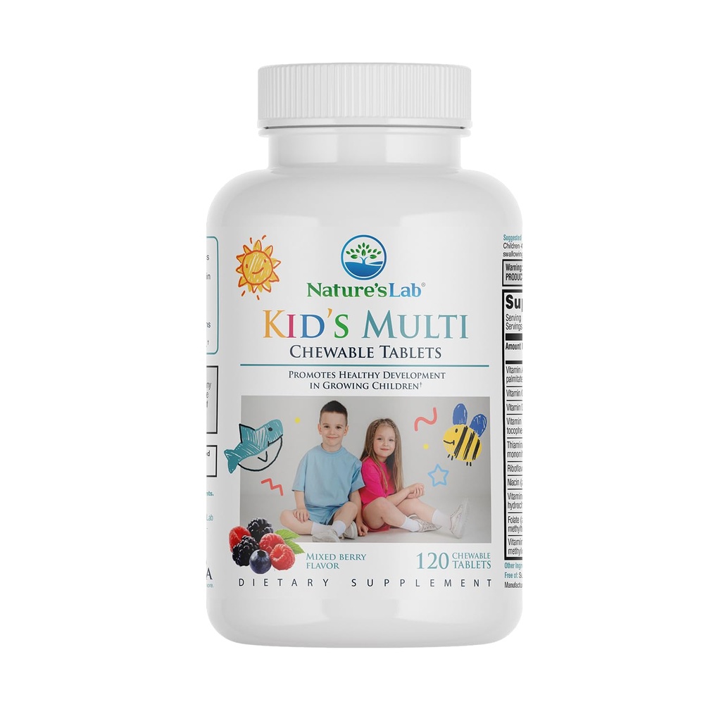 Nature 's Lab Kid's Multi Natural Chewable Vitamins - 철, 마그네슘, 아연 및 칼슘이있는 어린이 멀티 비타민을 완료하십시오 - 혼합 된 베리 맛 - 2 세의 120 정제