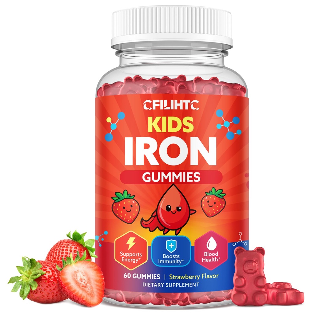 아이 & 청소년을위한 철 Gummies, 아이 Multivitamin 철 보충, 칼슘, Folate, 아연, Prebiotic - 혈액 빌더 및 에너지 지원, 철 결핍 - Vegan & Non-GMO - 60 카운트 Strawberry