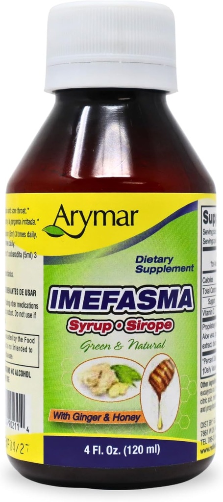 Ginger & Honey Cough Syrup (4 oz)가있는 Arymar Imefasma - 천연 성분이있는 Gentle Relief
