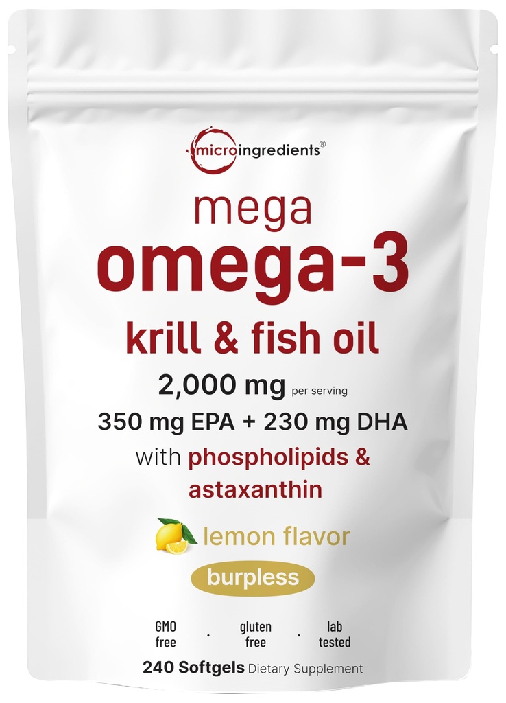Mega Omega-3 Krill & Fish Oil 2,000mg Equivalent, 240 Softgels | 레몬 맛 | Burpless | 에센셜 지방산 및 아스타샤시틴 | EPA 350mg + DHA 230mg | 하트 앤 브레스 보충