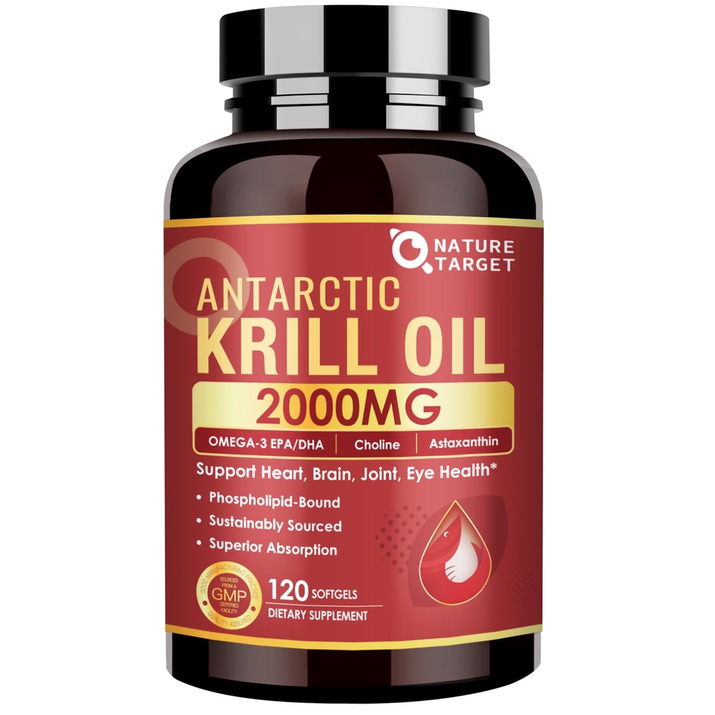 NATURE TARGET Krill Oil 2000 mg with Omega-3 EPA & DHA with Astaxanthin 보충교재, Choline - 지원 심장, 뇌, Join, 눈 건강, 비 GMO, 글루텐 무료, 120 Softgels (60 인분)