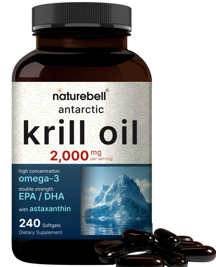 NatureBell Antarctic Krill Oil 2000mg 보충교재, 240 Softgels, Omega-3s, EPA 240mg + DHA 160mg + Astaxanthin 800mcg의 3X 힘 자연적인 근원 – 수성 자유로운 & 비 GMO 없음