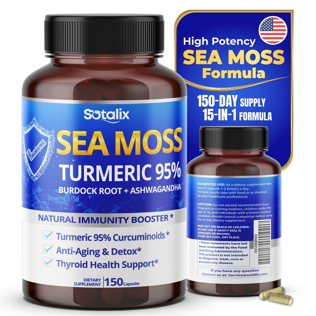 Sotalix Sea Moss Capsule with Ashwagandha, Burdock Root, Bladderwrack, Turmeric - 강력한 자연 면역 부스터 - 미국 Made (150 Count)