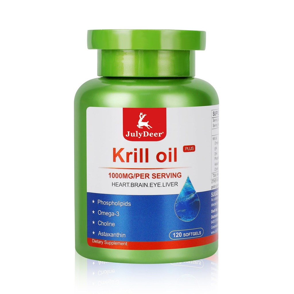 Omega-3s EPA, DHA, Astaxanthin 및 Phospholipids 120 Softgels 보충교재, Antarctic Krill 합동, 심장, 뇌 및 Immunity를 위한 Fishy Aftertaste를 가진 JulyDeer Krill 기름 1000 mg
