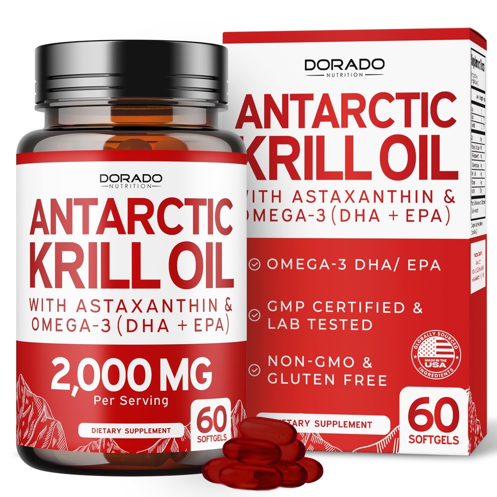 남극 Krill 오일 보충 (주빙 당 2000mg, 60 Softgels) Krill 오일 오메가 3 보충제 EPA, DHA 및 Astaxanthin - 성인을위한 프리미엄 인 포 지질 - 제 3 자 테스트, 비 GMO 및 미국 제작