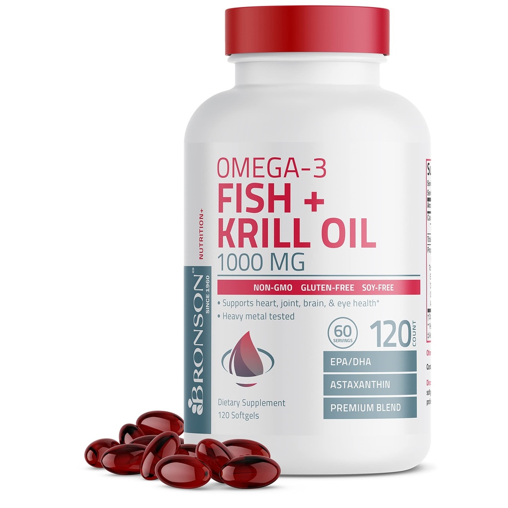 Bronson Omega-3 물고기 + 크릴 기름 1000 MG EPA DHA Astaxanthin 프리미엄 혼합 - 합동, 뇌 & 눈 건강 - 비 GMO, 중금속 시험, 120 Softgels