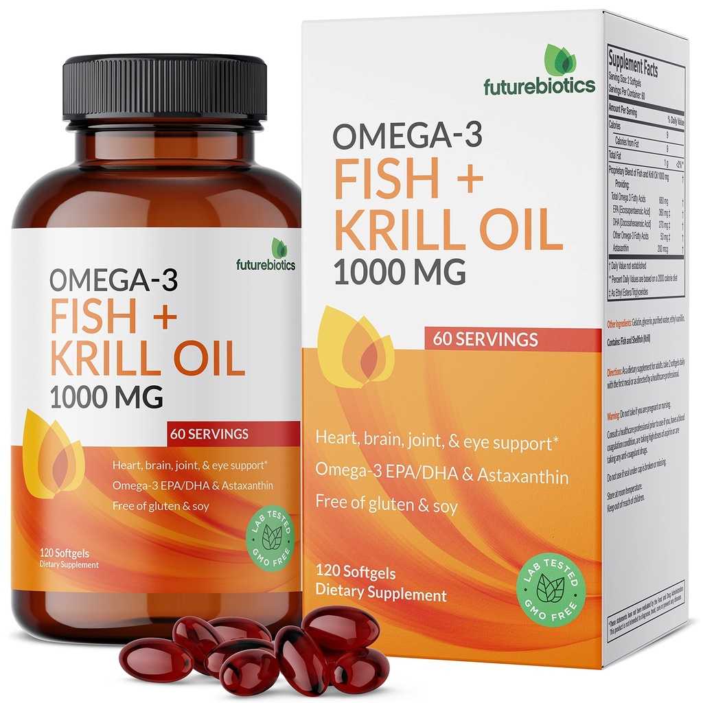 Futurebiotics 오메가-3 물고기 + 크릴 오일 1000 MG 오메가-3 EPA / DHA 및 아스타쿠산 - 비 GMO, 120 Softgels (60 인분)
