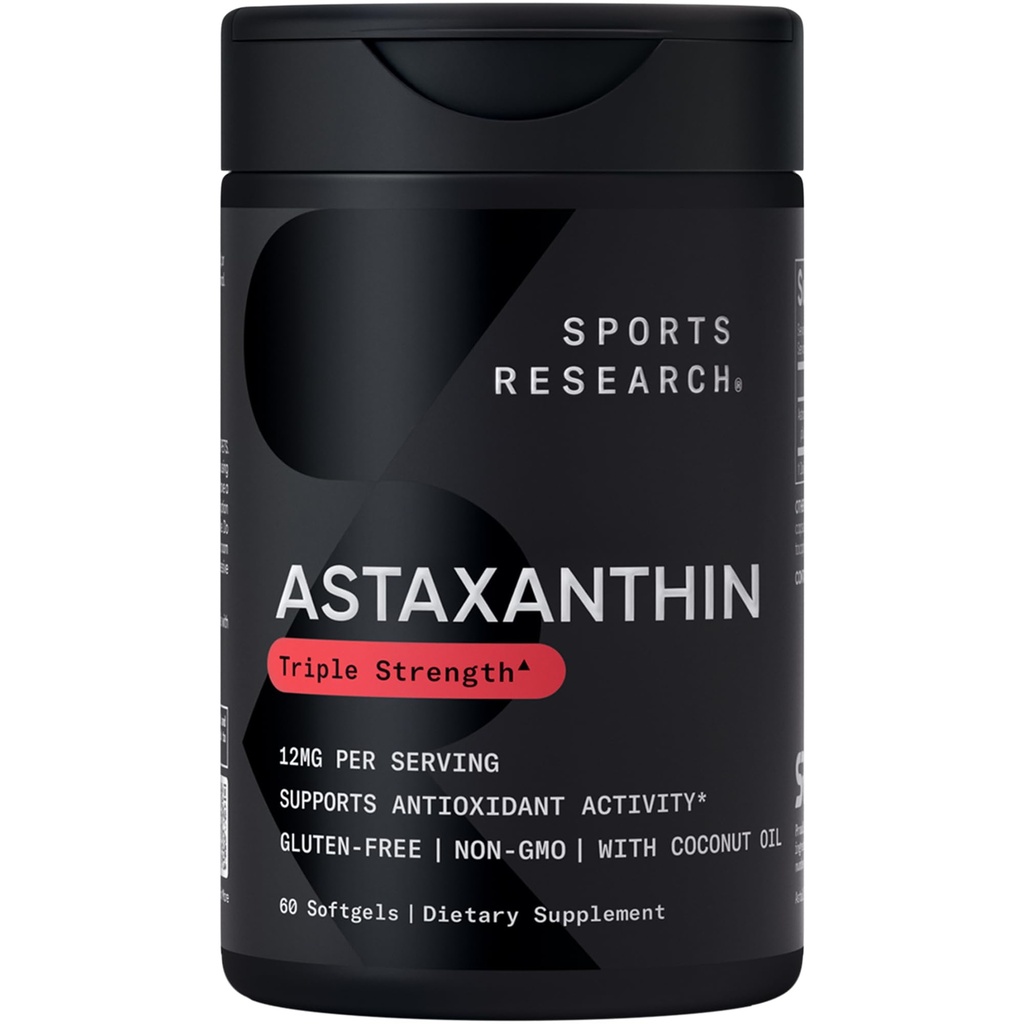 Sports Research® Triple Strength Astaxanthin 12mg w/Organic Coconut Oil - 피부 및 눈 건강 지원을위한 산화 보충 * - Soy Free · Non-GMO · 글루텐 무료 - 60 Softgels