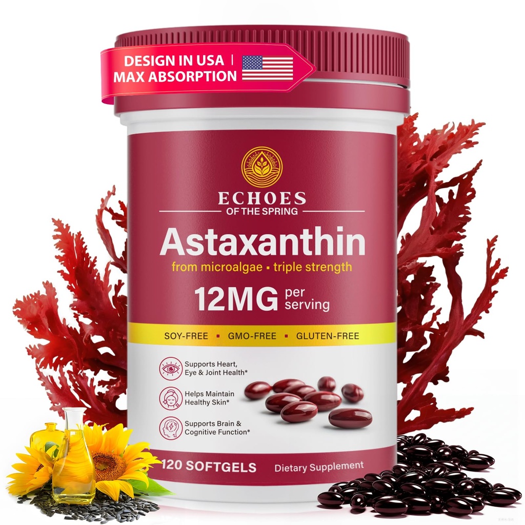 Astaxanthin 12mg – Haematococcus Pluvialis의 자연적인 Astaxanthin, 눈, 피부, 합동 & 면역 지원 (120의 조사 1))를 위한 3배 힘 산화 보충교재