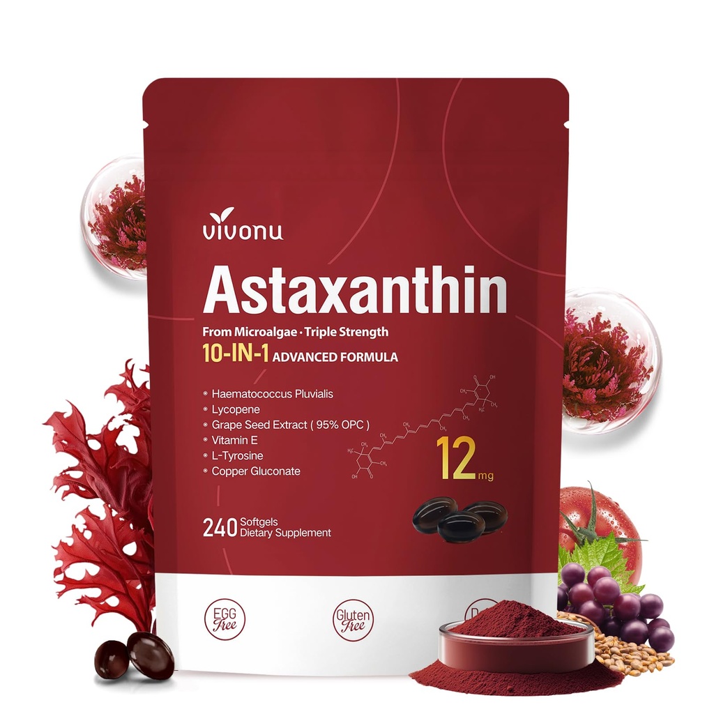 1개의 Astaxanthin 12mg 보충교재, 4 달 공급, 신선한 Haematococcus Pluvialis에서 Astaxantina 산화 방지제, 포함합니다 Lycopene, 포도씨, 비타민 E, & 더 지원 눈, 합동, 피부 건강