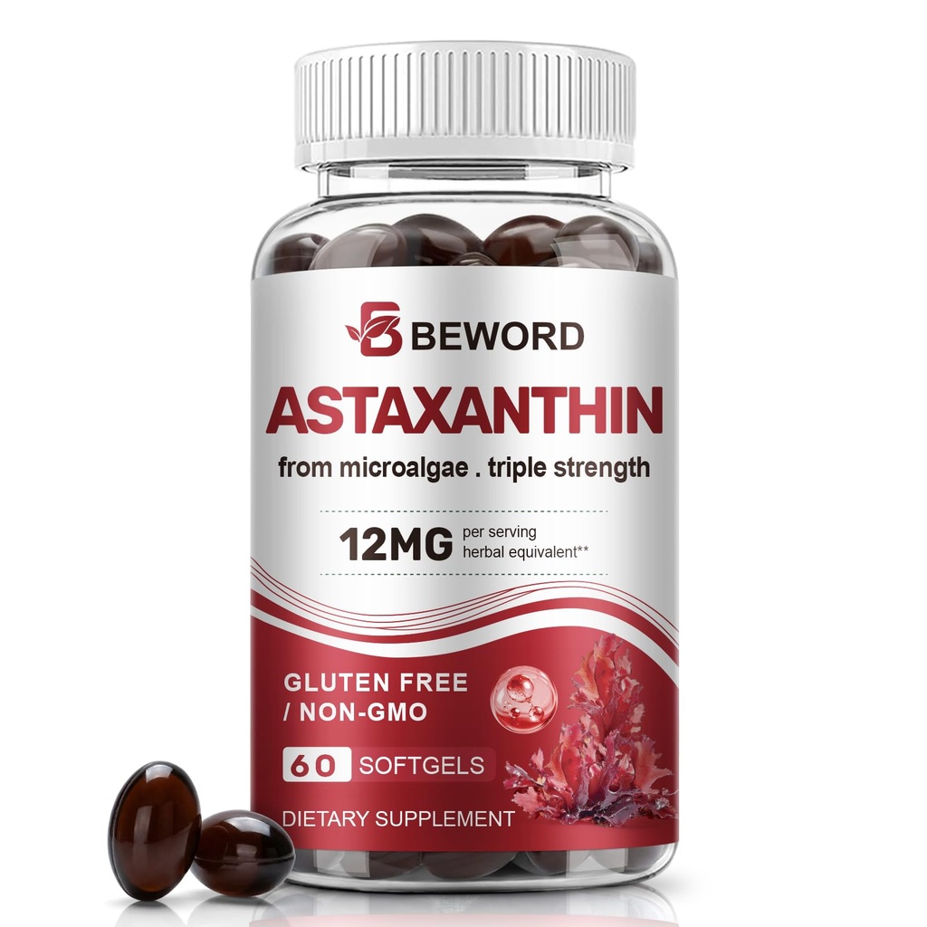 BEWORD Astaxanthin 12mg with MCT Oil, 60/120 Softgels 2-Month 공급 | 프리미엄 산화 방지제 보조제 | 천연 미세 조류, 트리플 강도 | 지원 피부 & 눈 건강 | Non-GMO, 글루텐 & Soy-Free